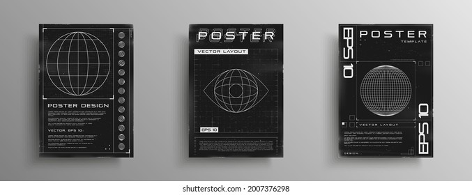 Set of retrofuturistic posters with HUD elements, broken laser grid, wireframe planet, and planet inside eye shape. Black and white retro cyberpunk style poster cover design. Vector illustration.