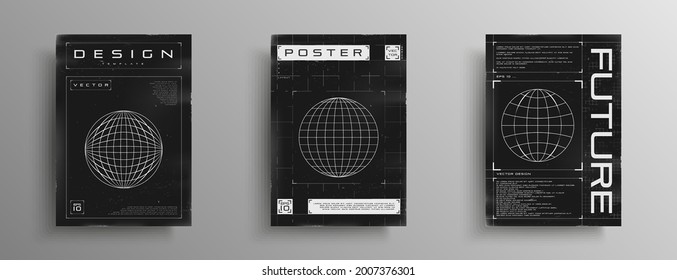 Set of retrofuturistic posters with HUD elements, broken laser grid, and wireframe planet. Black and white retro cyberpunk style poster design. Electronic music cover design. Vector illustration.
