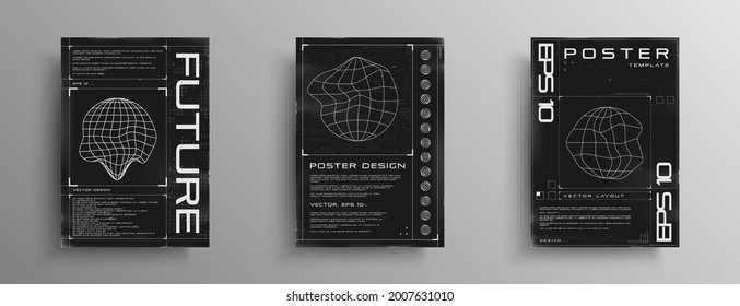 Set of retrofuturistic posters with HUD elements, broken laser grid, and wireframe liquid distorted planet. Black and white retro cyberpunk style poster cover design. Vector illustration.