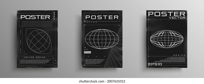 Set of retrofuturistic posters with HUD elements, laser grid, perspective grid, and wireframe ellipse planet. Black and white retro cyberpunk style poster cover design. Vector illustration.