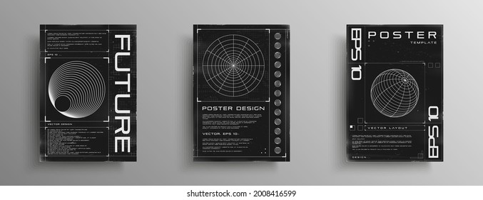 Set of retrofuturistic posters with HUD elements, radial figure, polar grid, and wireframe 3d sphere. Black and white retro cyberpunk style poster cover design. Vector illustration.