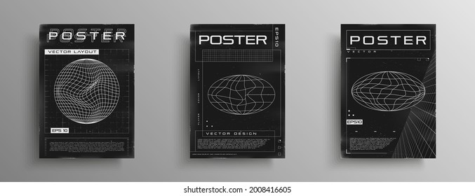 Set of retrofuturistic posters with HUD elements, perspective laser grid, and wireframe liquid distorted ellipse planet. Black and white retro cyberpunk style poster cover design. Vector illustration.