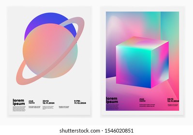 Set of retrofuturistic posters in vaporwave and synthwave style with fantasy cosmic landscape. Cover for music or club event.