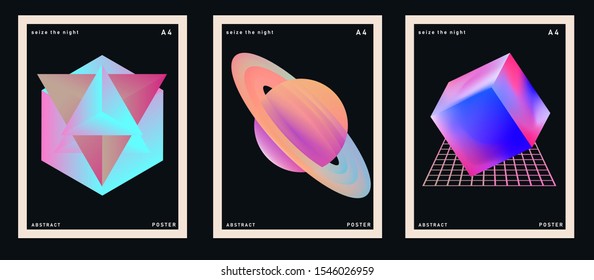 Set of retrofuturistic posters in vaporwave and synthwave style with fantasy cosmic landscape. Cover for music or club event.