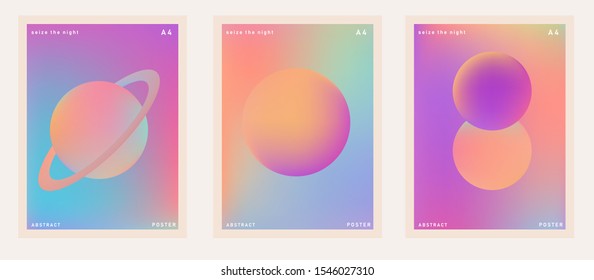 Set of retrofuturistic posters in vaporwave and synthwave style with fantasy cosmic landscape. Cover for music or club event.