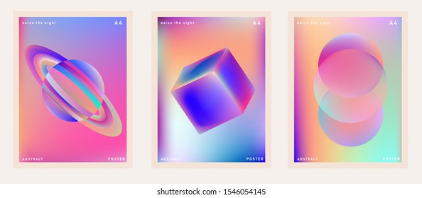 Set of retrofuturistic posters in vaporwave and synthwave style with fantasy cosmic landscape. Cover for music or club event.