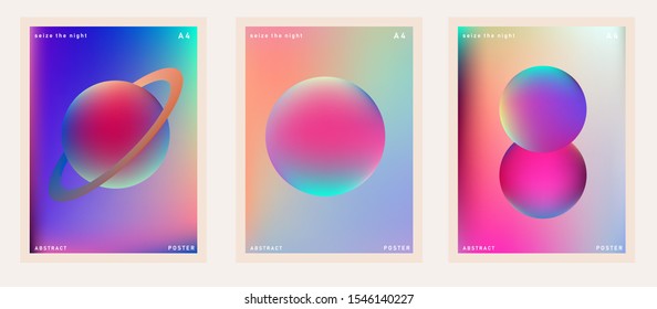 Set of retrofuturistic posters in vaporwave and synthwave style with fantasy cosmic landscape. Cover for music or club event.
