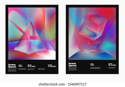 Set of retrofuturistic posters in vaporwave and synthwave style with floating in zero gravity neon holographic prism. Cover for music or club event.