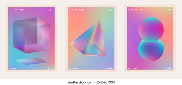 Set of retrofuturistic posters in vaporwave and synthwave style with floating in zero gravity neon holographic prism. Cover for music or club event.