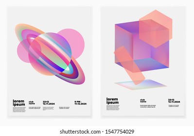 Set of retrofuturistic posters in vaporwave and synthwave style with fantasy cosmic landscape. Cover for music or club event.