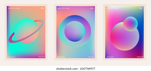 Set of retrofuturistic posters in vaporwave and synthwave style with fantasy cosmic landscape. Cover for music or club event.