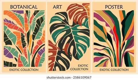 Set of retro-inspired abstract botanical posters with eucalyptus, monstera, tropical leaves in a vibrant mid-century modern color palette. Contemporary wall art, cover wallpaper vector template.