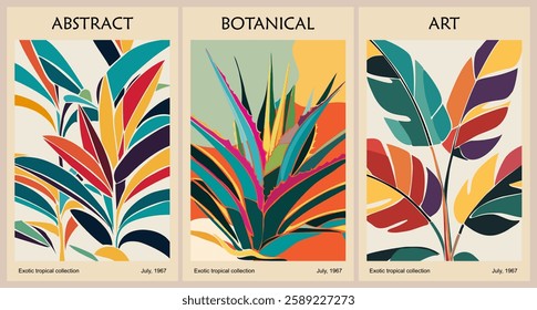 Set of retro-inspired abstract botanical posters with tropical leaves in vibrant mid-century modern color palette. Contemporary wall art, cover wallpaper vector template. 