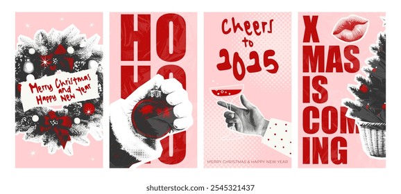 Un conjunto de Navidades de inspiración retro e historias del Año Nuevo para las redes sociales. Presenta una tipografía atrevida, iconos festivos y tonos rojos y rosados. Perfecto para saludos de vacaciones, promociones y publicaciones de temporada.