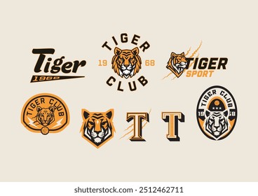 Um conjunto de logotipos de esportes de tigre retro-inspirados, perfeito para adicionar uma vintage e sensação atlética a qualquer projeto de design. A tipografia arrojada, as texturas angustiadas e a cor laranja vibrante criam uma nostalgia.