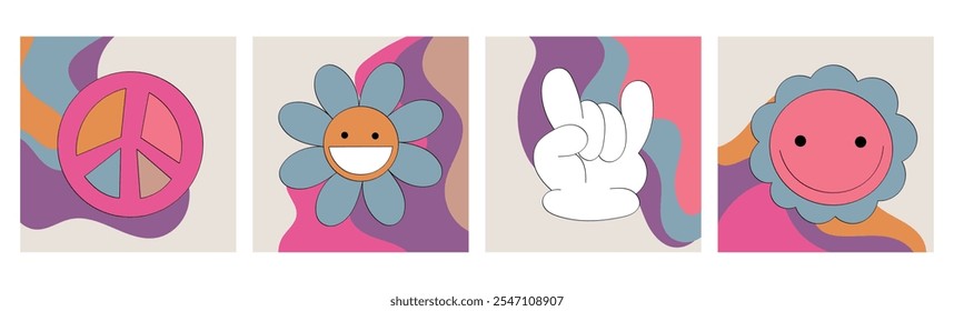 Set of retro-style icons: peace sign, smiling flower, hand gesture, and cheerful face on colorful abstract backgrounds. Ideal for vintage posters, stickers, or branding