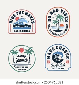 A set of retro-style surf club vector badges featuring ocean waves, palm trees, and sunsets. Perfect for t-shirt designs, logos, and coastal branding, evoking the California surf culture.