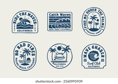  A set of retro-style surf club vector badges featuring ocean waves, palm trees, and sunsets. Perfect for t-shirt designs, stickers, posters and other uses.