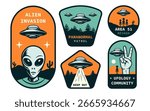 Set of retro-style UFO UAP and alien badges with cartoon illustrations of flying saucers, extraterrestrials, Area 51, and sci-fi themes