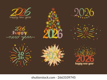 Un conjunto de logotipos e íconos de Vector de estilo retro para el Nuevo año 2026. Incluye un árbol de Navidad estrella, tipografía colorida y diseños de fuegos artificiales vintage. Para saludos de vacaciones nostálgicos.