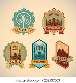 Set of retro-styled Dubai city tour labels. Editable vector illustration.