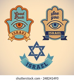 Set of retro-styled Israel symbols. Editable vector illustration.