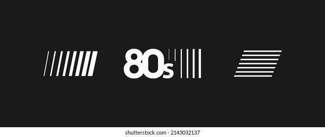 Set of retrowave design elements. 80s title, horizontal and vertical shifted stripes. Pack of retrowave 1980s style design elements. Vector illustration.