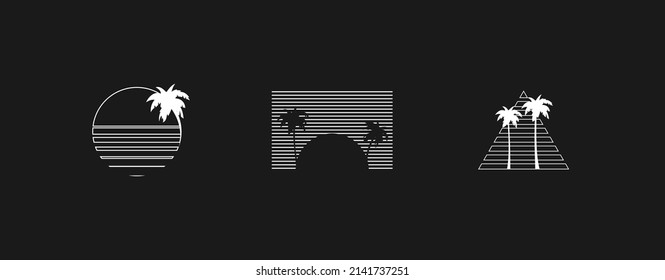 Set of retrowave design elements. Linear style striped compositions with sun and palm tree silhouettes. Pack of retrowave 1980s style design elements. Vector illustration.