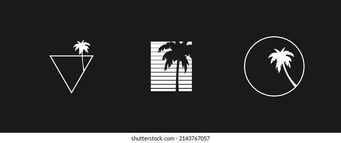 Set of retrowave design elements, palm tree. Compositions with triangle, circle and striped square with silhouette of palm tree. Pack of retrowave 1980s style design elements. Vector illustration.