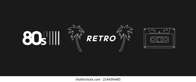 Set of retrowave design elements. RETRO title with palm trees, 80s headline and audio cassette. Pack of retrowave 1980s style design elements. Vector illustration