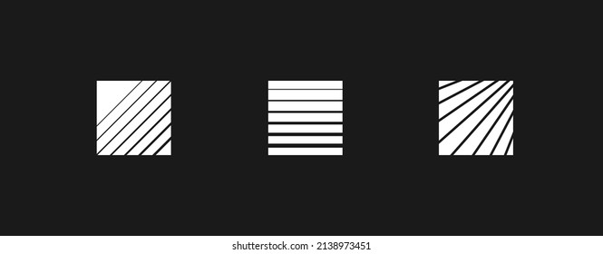 Set of retrowave design elements, squares. Squares with horizontal and diagonal stripes. Pack of retrowave 1980s style design elements. Vector illustration.