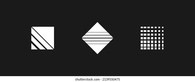 Set of retrowave design elements, squares and rhombus. Squares and rhombus with diagonal stripes and dotted square. Pack of retrowave 1980s style design elements. Vector illustration.
