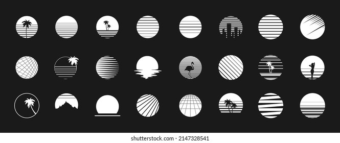 Set of retrowave design elements. Sun, sunset with strips, palm tree, skyscrapers, flamingo, sexy woman, mountain, perspective grid. Pack of retrowave 1980s style design elements. Vector illustration.