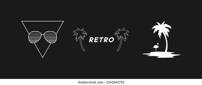 Set of retrowave design elements. Triangle with striped sunglasses, RETRO title with palm trees, and island with palm and flamingo. Pack of retrowave 1980s style design elements. Vector illustration.