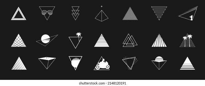 Set of retrowave design elements. Triangle shapes with the sun, palm tree, motorcyclist, sunglasses, pyramid, line style triangles. Pack of retrowave 1980s style design elements. Vector illustration.