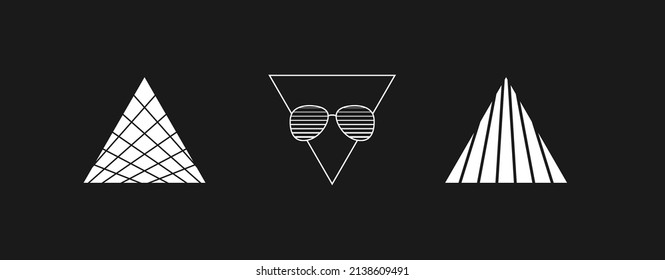 Set of retrowave design elements. Triangles with stripes, sunglasses and linear triangle. Pack of retrowave 1980s style design elements. Vector illustration.