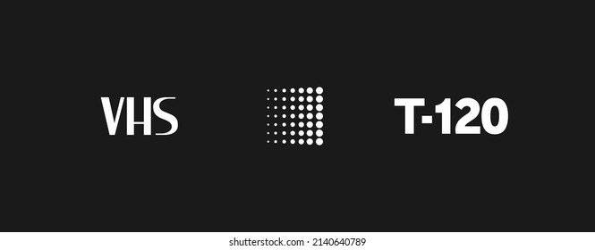 Set of retrowave design elements. VHS sign, T-120 title, and dotted square. Remove unnecessary dots to get any symbol 1980s style.  Pack of retrowave 1980s style design elements. Vector illustration.
