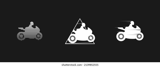 Set of retrowave design elements, woman motorcyclist. Striped motorcyclist, in triangle linear shape, and with speed effect. Pack of retrowave 1980s style design elements. Vector illustration.