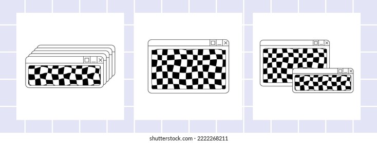 Set of retrowave digital user interfaces with distorted wavy cage in y2k style. Old computer windows vector outline illustration.