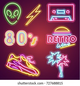 Set retrowave neon sign. Neon sign, bright signboard, light banner. Vector icons