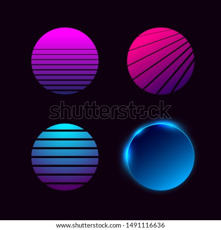 Set of retrowave / synthwave / vaporwave style suns. Vector. Eps 10