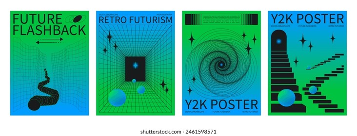 Set of retrowave techno banners. Vector realistic illustration of y2k aesthetic blue and green gradient posters with wireframe portal perspective, star icons, retro futuristic vibe collage flyers