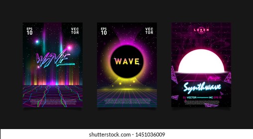 Set of Retrowave / Vaporwave / Synthwave template design with glowing horizon, laser grid, black hole, big sun sets, highlights and hologram geometric shapes. Design for poster, flyer, cover. Eps 10