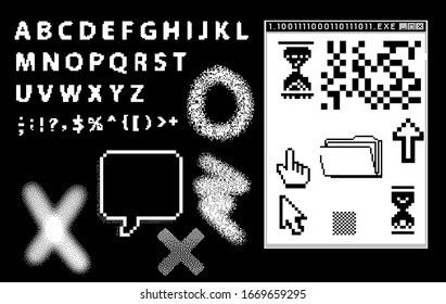 Set of retrowave and webpunk style elements: pixel typeface and user interface icons.