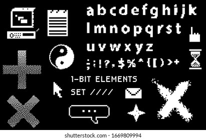 Set of retrowave and webpunk style elements: pixel typeface and user interface icons.