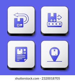 Ajuste la caja de cartón de retorno, la correa del contenedor con, el icono de la lista de espera y la ubicación. Botón cuadrado blanco. Vector