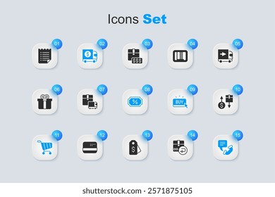 Set Return cardboard box, Delivery cargo truck, Armored, Shopping cart, Telephone 24 hours support, Tax, Wish list template and Discount percent tag icon. Vector