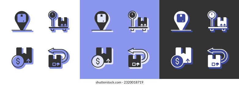 Ajuste el cuadro de cartón de retorno, el icono Ubicación con, Cartón y Escala. Vector