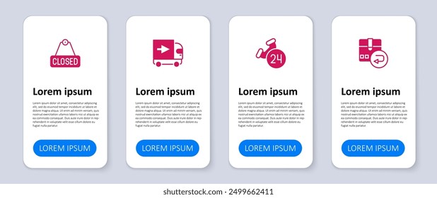 Set Return cardboard box, Telephone 24 hours support, Delivery cargo truck and Hanging sign with text Closed. Business infographic template. Vector