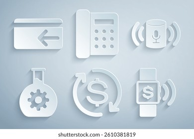 Set Return of investment, Voice assistant, Bioengineering, Contactless payment, Telephone and Cash back icon. Vector
